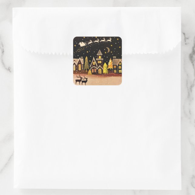 Gold Christmas Village Deer Winter Night Square Sticker (Bag)