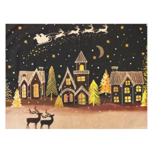 Gold Christmas Village Deer Winter Night Tablecloth