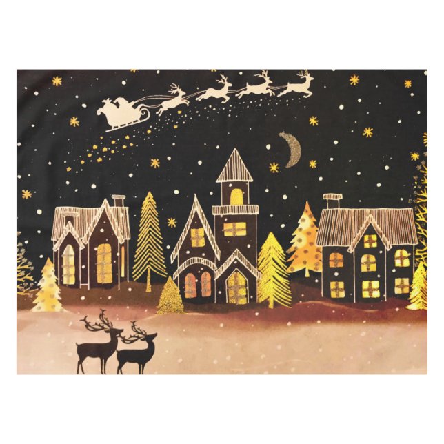 Gold Christmas Village Deer Winter Night Tablecloth (Front (Horizontal))