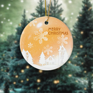 Gold Christmas White Snow House Happy New Year Ceramic Tree Decoration