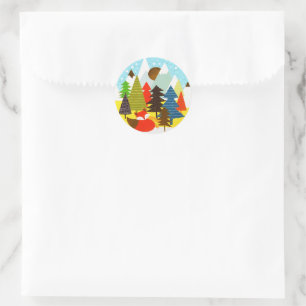 Gold Christmas Winter Baby Fox Pine Forest Classic Round Sticker