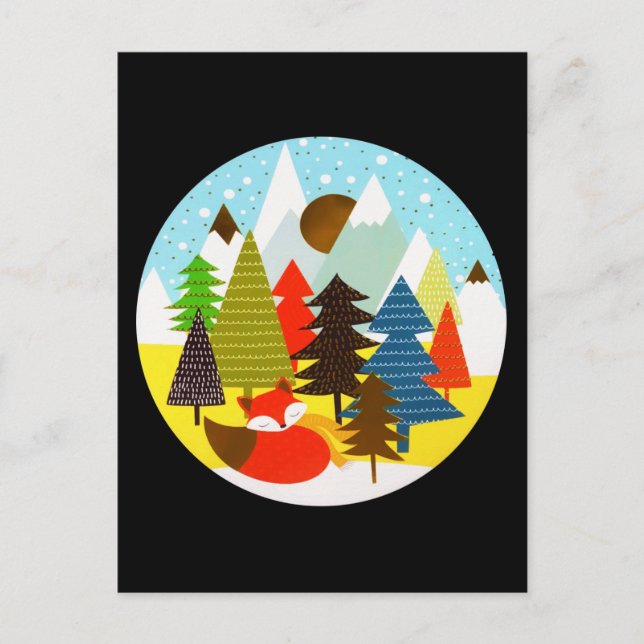 Gold Christmas Winter Baby Fox Pine Forest Postcard (Front)