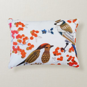 Gold Christmas Winter Birds Holly Berries Branches Decorative Cushion