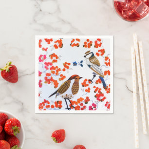 Gold Christmas Winter Birds Holly Berries Branches Napkin