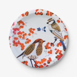 Gold Christmas Winter Birds Holly Berries Branches Paper Plate