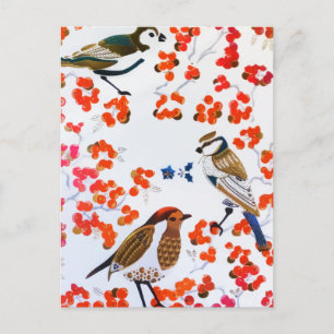 Gold Christmas Winter Birds Holly Berries Branches Postcard
