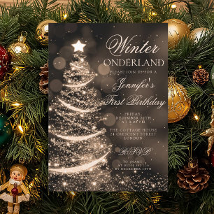 Gold Christmas Winter Onederland 1st Birthday Invitation