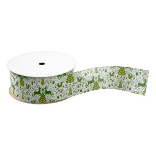 Gold Christmas Woodland Deer Birds in Bloom Grosgrain Ribbon