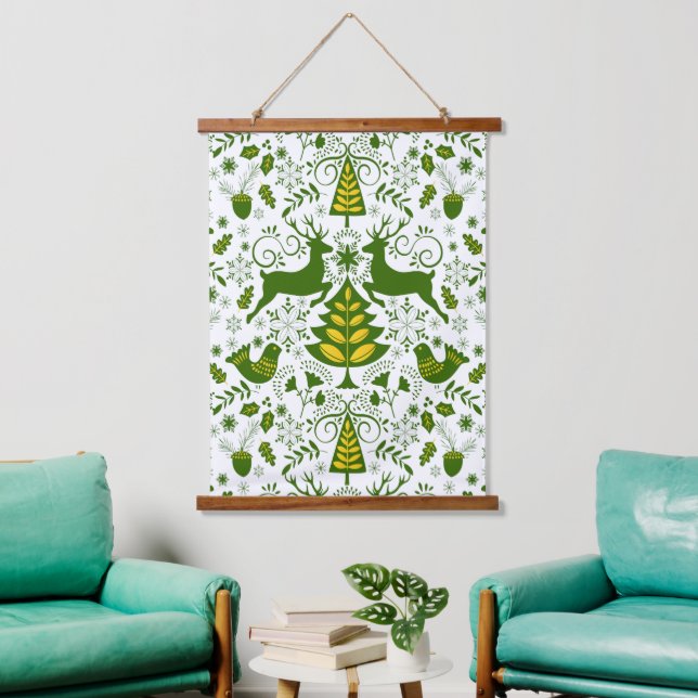 Gold Christmas Woodland Deer Birds in Bloom Hanging Tapestry (Living Room)