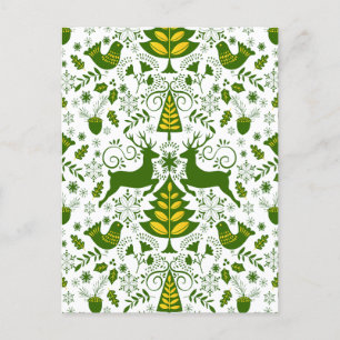 Gold Christmas Woodland Deer Birds in Bloom Holiday Postcard