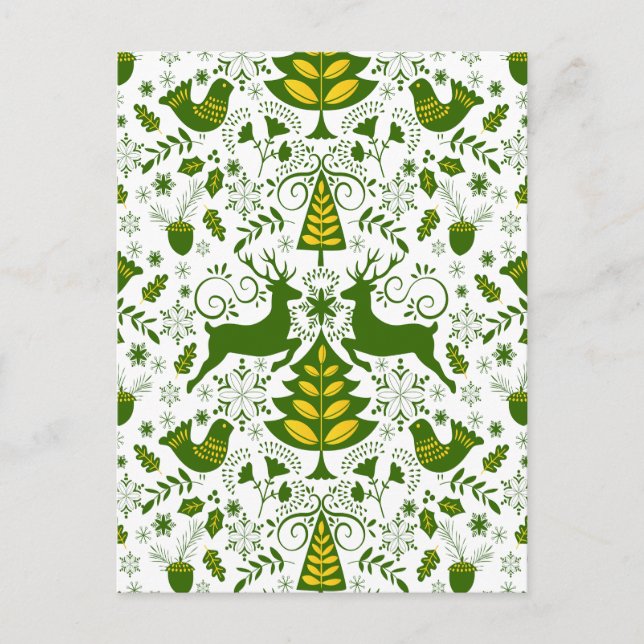 Gold Christmas Woodland Deer Birds in Bloom Holiday Postcard (Front)