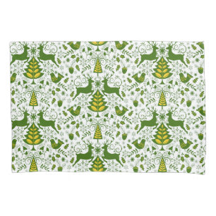 Gold Christmas Woodland Deer Birds in Bloom Pillowcase