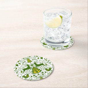 Gold Christmas Woodland Deer Birds in Bloom Round Paper Coaster