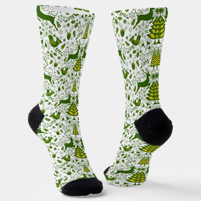 Gold Christmas Woodland Deer Birds in Bloom Socks (Angled)