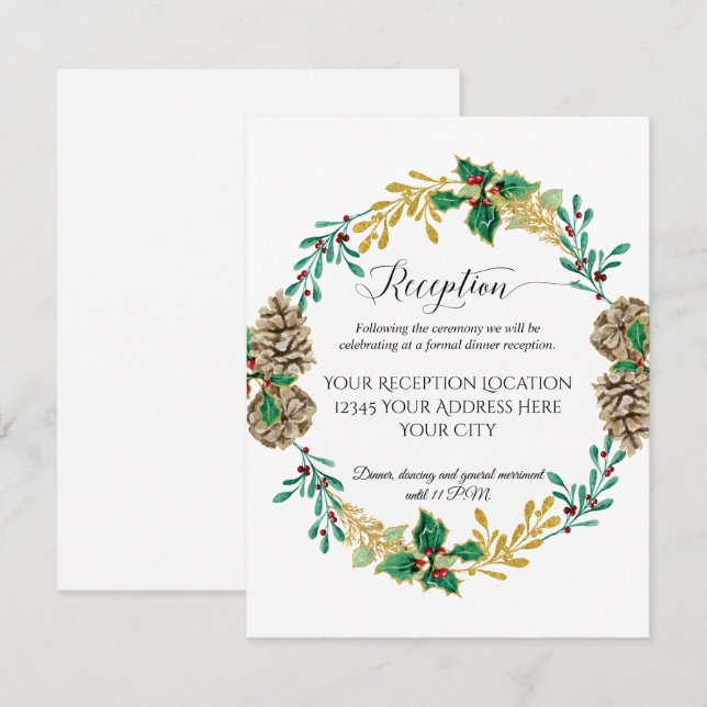 Gold Christmas Wreath Foliage Wedding Reception Invitation (Front/Back)