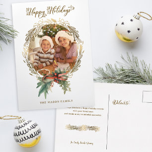 Gold Christmas Wreath Happy Holidays Script Photo Holiday Postcard
