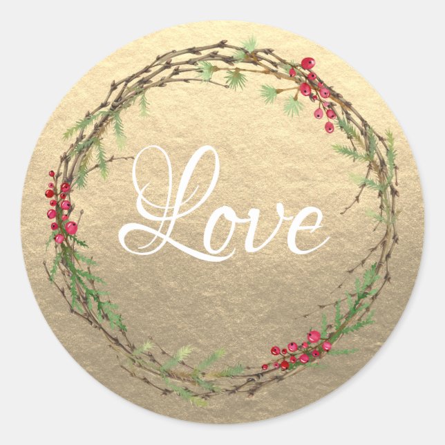 Gold Christmas Wreath Love Classic Round Sticker (Front)