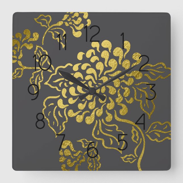 Gold Chrysanthemum on Any Colour Square Wall Clock (Front)