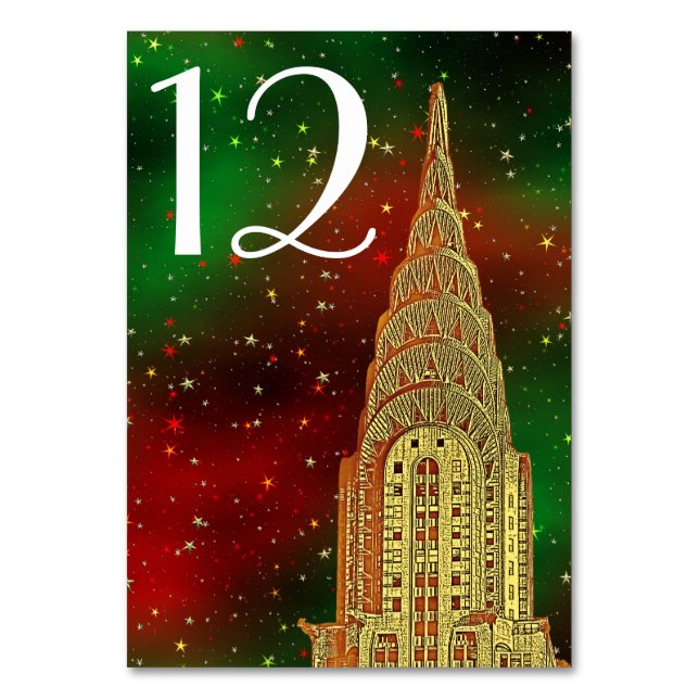 Gold Chrysler Building Skyline #2 Xmas Starry Table Number (Front)