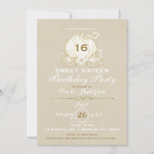 Gold Cinderella Carriage Kraft Sweet 16 Birthday Invitation