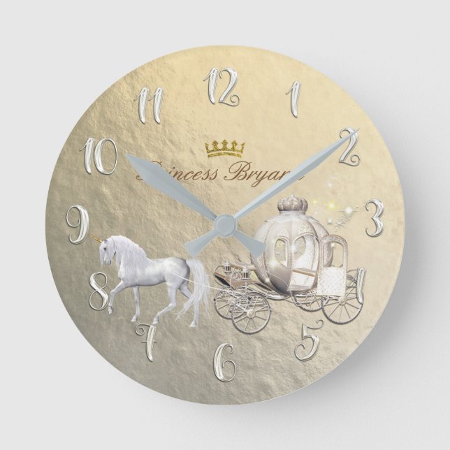 Gold Cinderella Princess Carriage & Horse Custom Round Clock (Front)