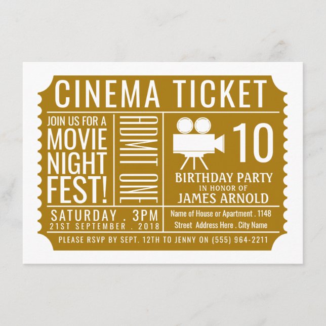 Gold Cinema Ticket, Kid's Birthday Party Ticket Enclosure Card (Front)