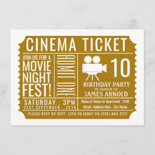 Gold Cinema Ticket, Kid's Birthday Party Ticket Enclosure Card
