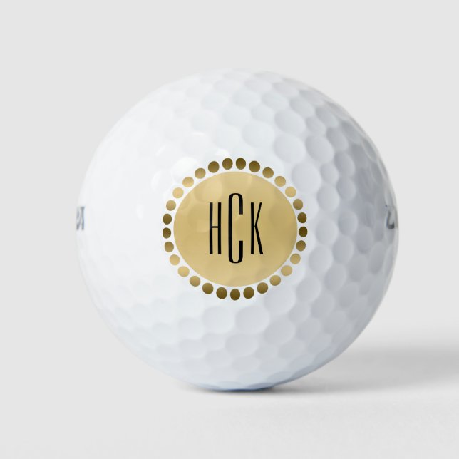 Gold Circle and Dots Custom Monogram Golf Balls (Front)
