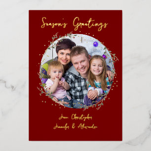 Gold Circle Foil on Deep Red Photo Christmas Holiday Card
