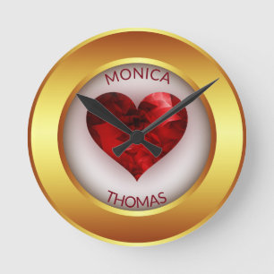 Gold Circle Frame And Red Heart Round Clock
