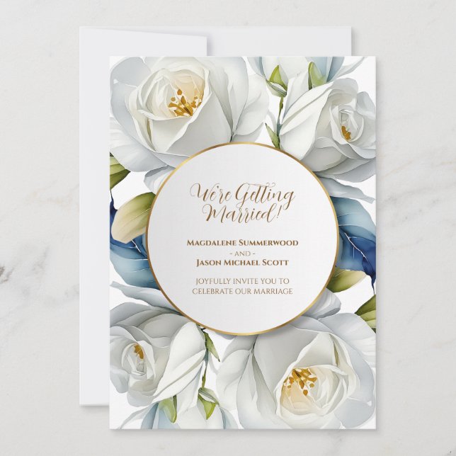 Gold Circle Frame White Roses Floral Background Invitation (Front)