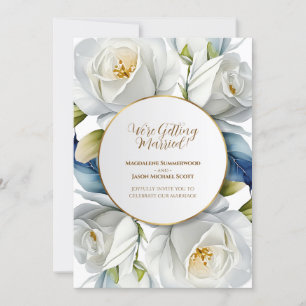 Gold Circle Frame White Roses Floral Background Invitation