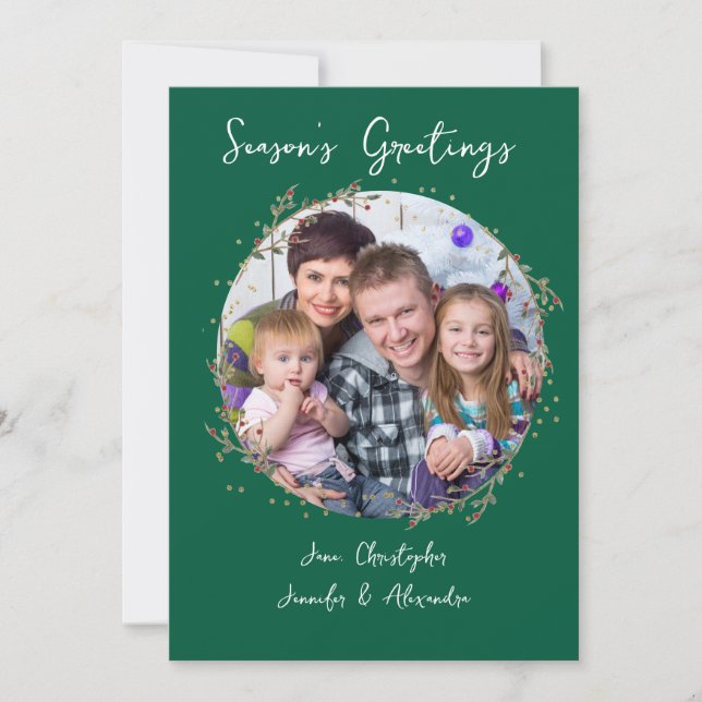Gold Circle & Green Family Photo Christmas Card (Front)