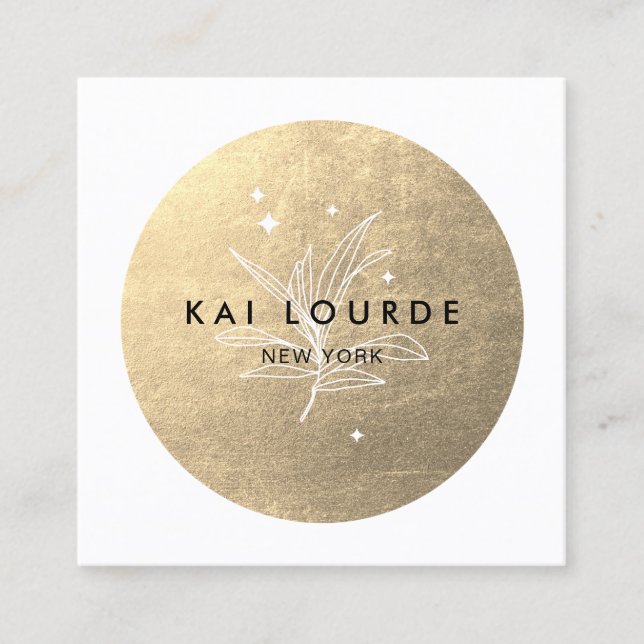 Gold Circle Plant Leaves and Stars  Square  Square Square Business Card (Front)