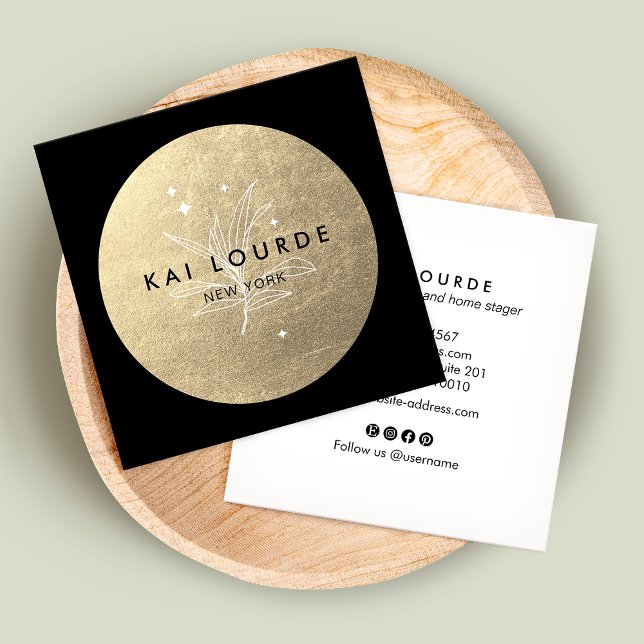 Gold Circle Plant Leaves and Stars  Square  Square Square Business Card (Creator Uploaded)