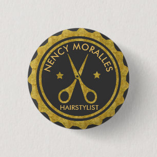 Gold Circle & Scissors Hairstylist Logo 3 Cm Round Badge