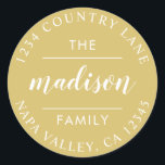Gold Circle Script Create Your Own Return Address Classic Round Sticker<br><div class="desc">CHANGEABLE BACKGROUND COLOR. Create Your Own Return Address Sticker.</div>
