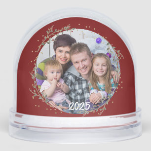 Gold Circle & Warm Red Family Photo Christmas Card Snowglobe