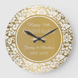 Gold Circle White Damask- 50th Anniversary Large Clock
