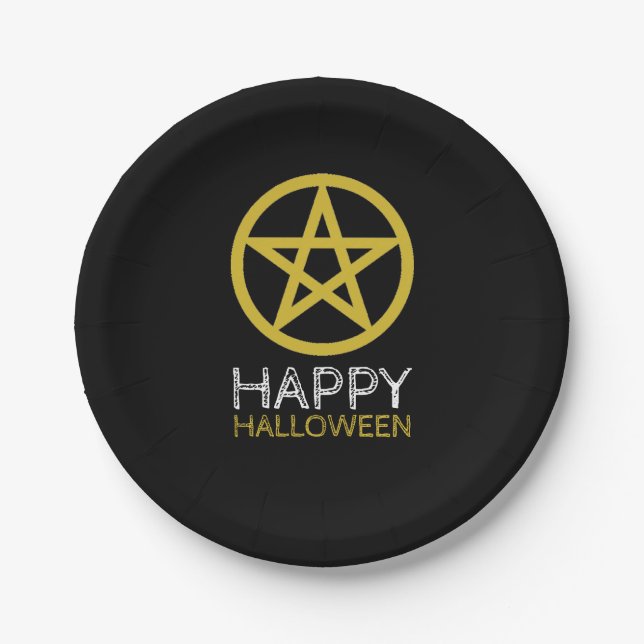 Gold Circled Pentagram, Happy Halloween Paper Plate (Front)