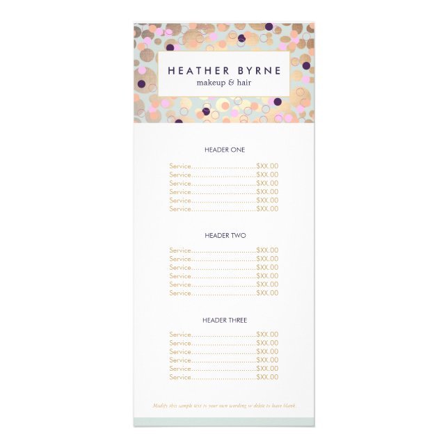 Gold Circles and Confetti Pattern Beauty Salon Rack Card (Front)