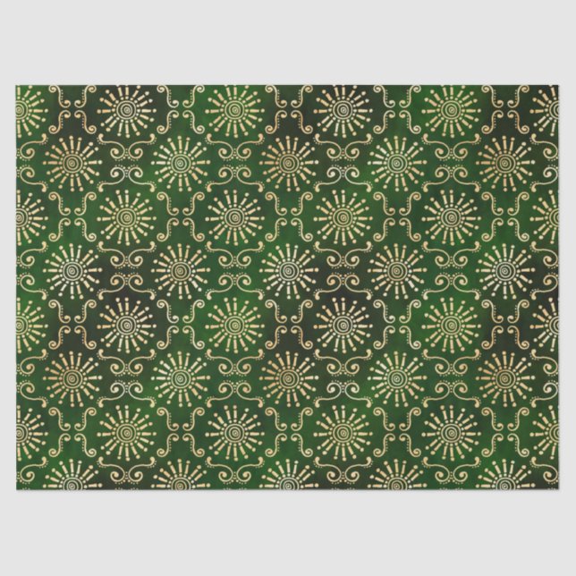 Gold Circles and Swirls on Dark Green Decoupage Tissue Paper (Front)