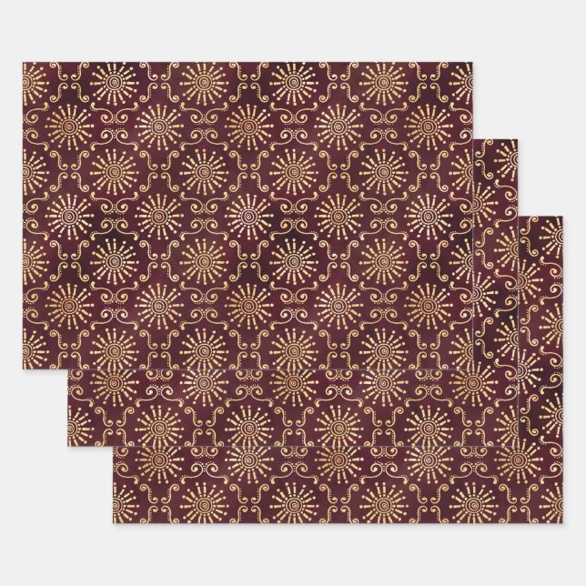 Gold Circles and Swirls on Dark Red Wrapping Paper Sheet (Set)
