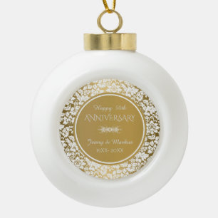 Gold Circles And White Damask- 50th Anniversary Ceramic Ball Christmas Ornament
