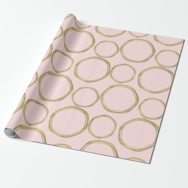 Gold Circles & Blushing Pink Modern Trendy Wrapping Paper (Unrolled)