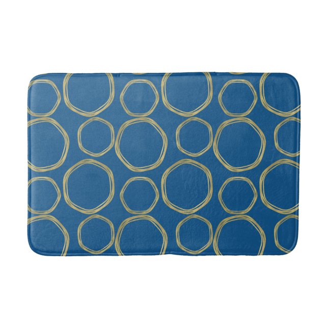 Gold Circles & Bright Blue Modern Trendy Bath Mat (Front)