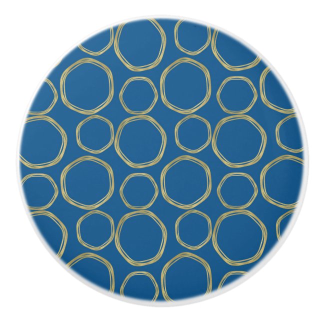 Gold Circles & Chic Blue Modern Trendy Mod Ceramic Knob (Front)