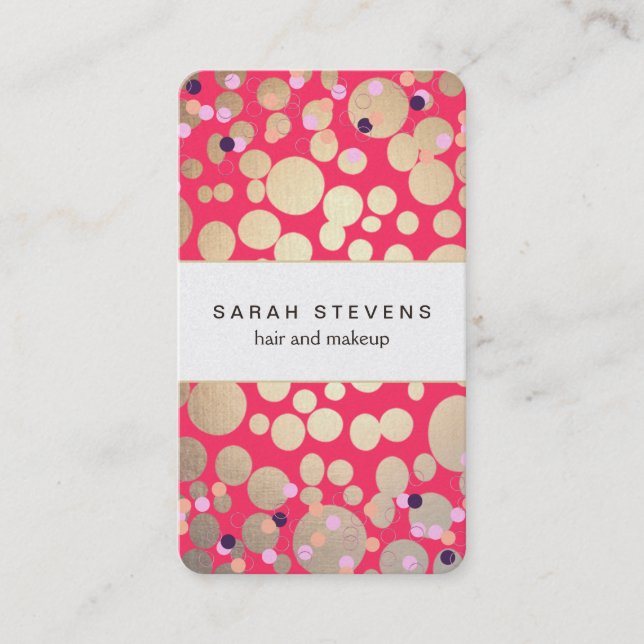 Gold Circles & Colourful Confetti Beauty Salon Pin Business Card (Front)