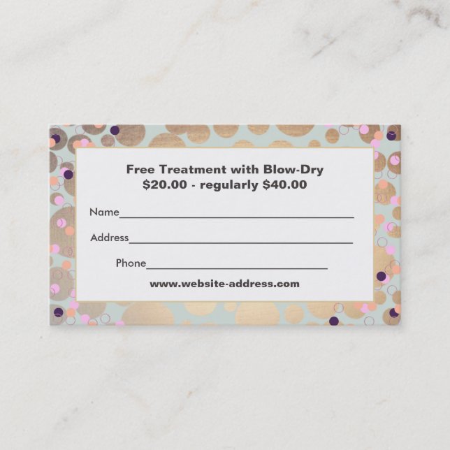 Gold Circles Confetti Salon Discount Coupon (Front)