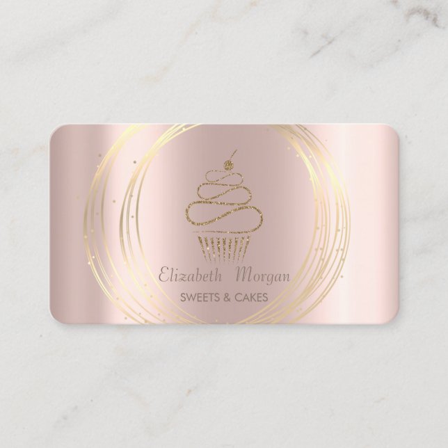 Gold Circles Glitter Cupcake Rose Gold Business Card (Front)